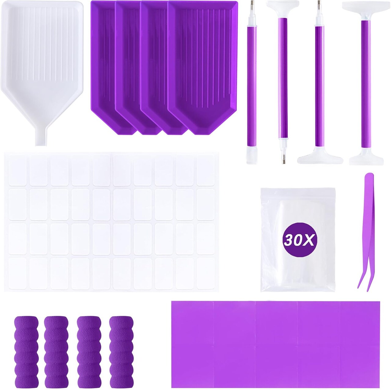 55PCS Diamond Art Accessories Tools Multiple Sizes Diamond Painting Kits with Diamond Art Pens Sleeves Tweezers Glue Label Ziplock Diamond Correction for Adults (Purple 55PCS)